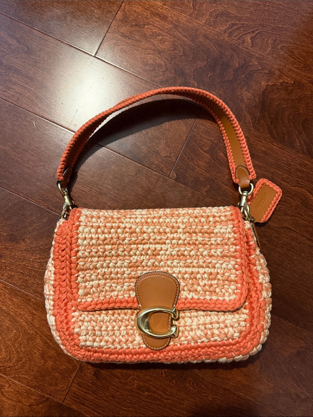 COACH Woven Coral and Cream Shoulder Bag